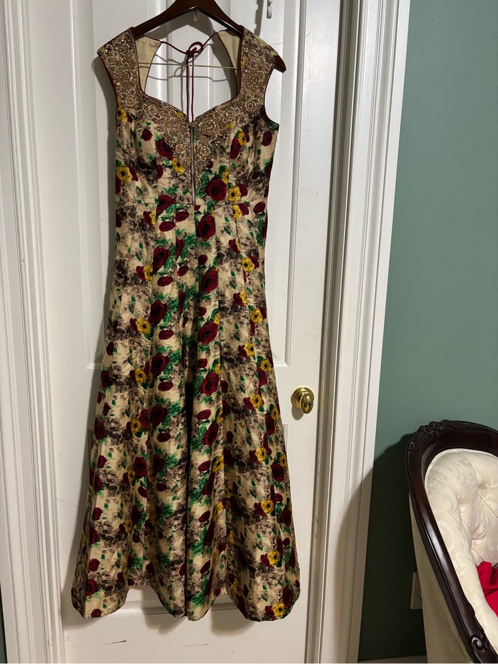 Elegant Floral A-Line Evening Dress in Gold and Burgundy with Dupatta Medium